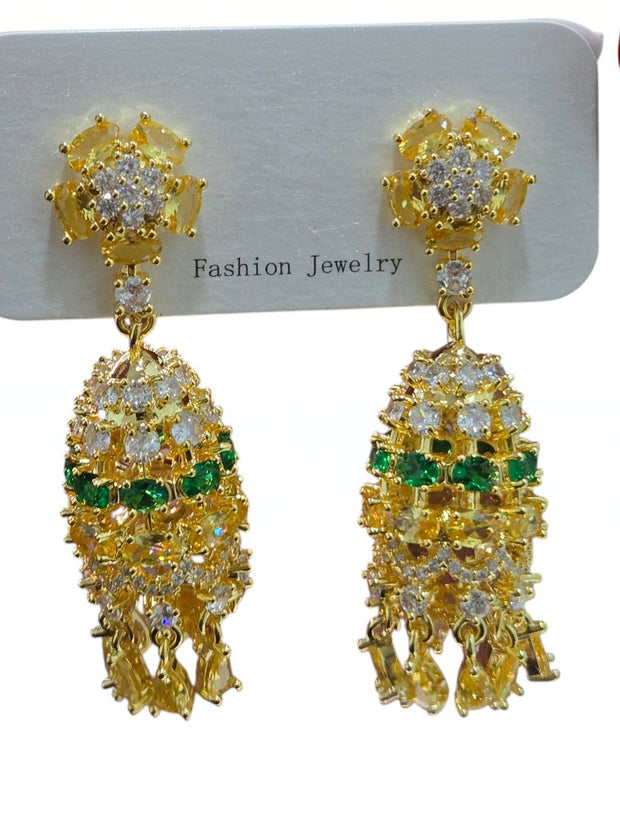 Gold-plated CZ chandelier earring pair mounted on a white fashion jewellery card showing front and back detail