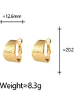 Side view of two gold-plated wide band hoop earrings showing curved profile and latch closure