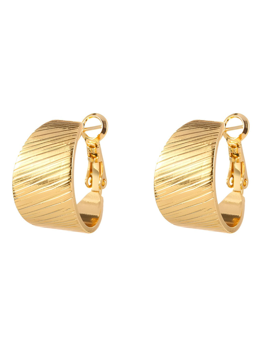 Front-facing pair of gold-plated wide hoop earrings with fine linear texture on neutral background