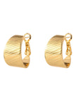 Front-facing pair of gold-plated wide hoop earrings with fine linear texture on neutral background