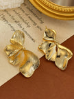 Front and back view of gold-toned floral drop earrings showing stud post and smooth reverse