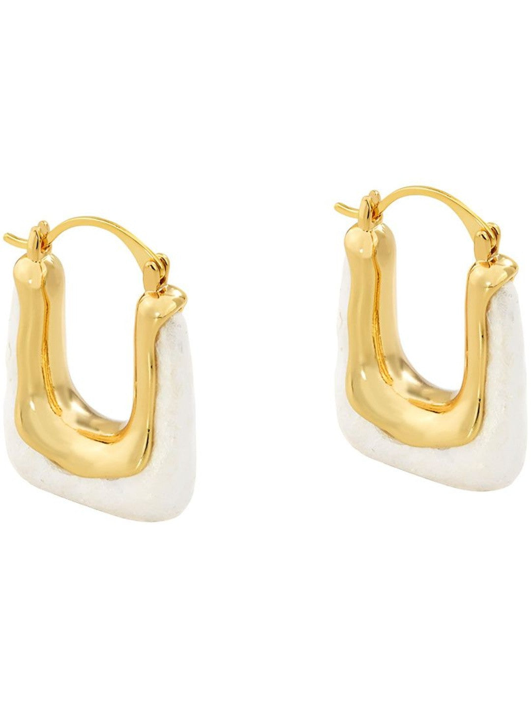 Product shot of both gold and white baroque pearl hoop earrings on a plain white background showing shape and finish clearly
