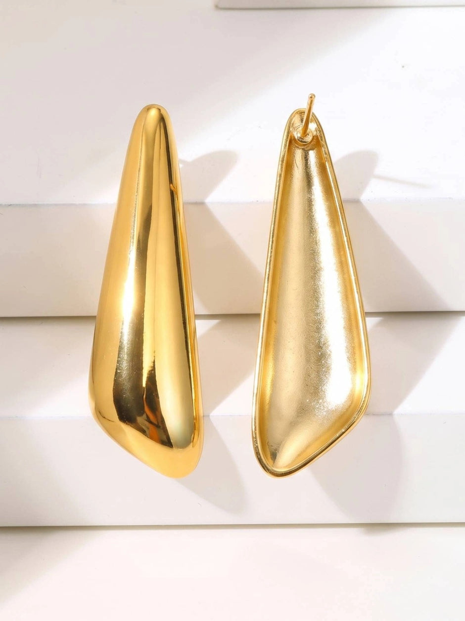 Front and back view of gold-toned triangular drop earrings showing high-polish and matte reverse sides