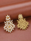 Front and back view of gold-plated floral CZ drop earrings showing push-back stud fastening