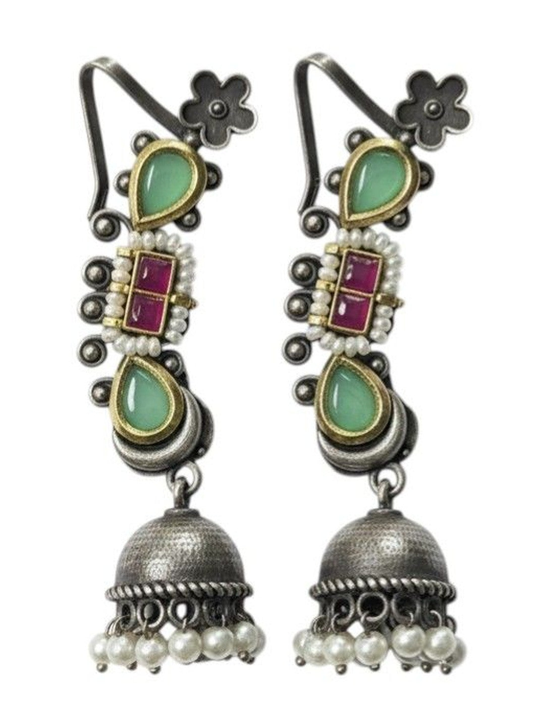 Full-length view of oxidised silver kundan jhumka earrings showing dome bell, scroll cutwork, and pearl bead fringe on white background