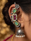 Oxidised silver ear cuff jhumka worn on a woman's ear, displaying full length from floral hook to dangling pearl jhumka bell
