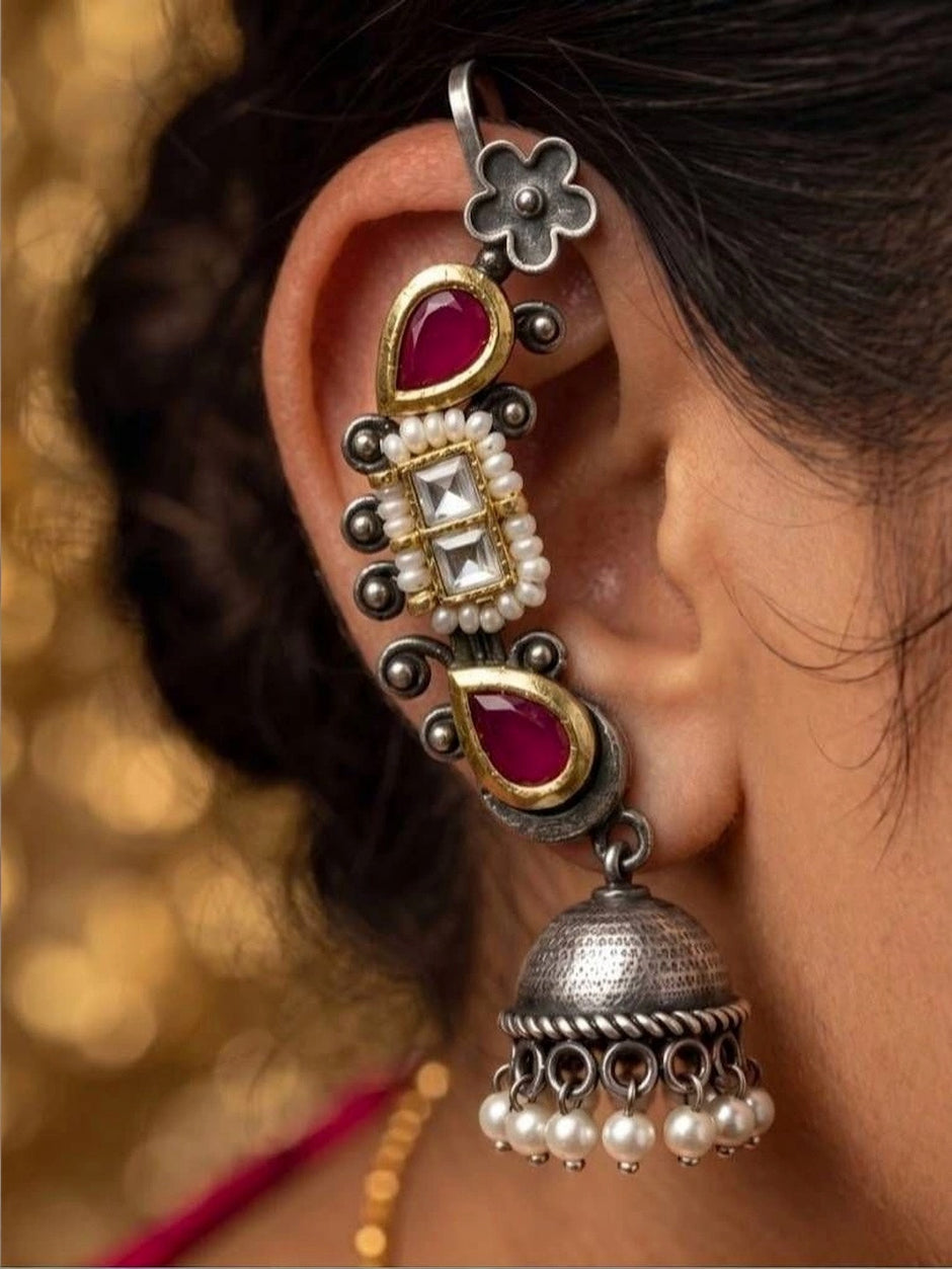 Close-up of oxidised silver Kundan ear cuff jhumka worn on a woman's ear showing full cuff-to-lobe length