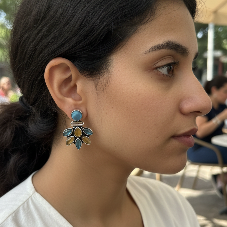 Clover Stone Embellished Oxidised Statement Earrings