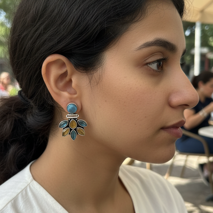 Clover Stone Embellished Oxidised Statement Earrings