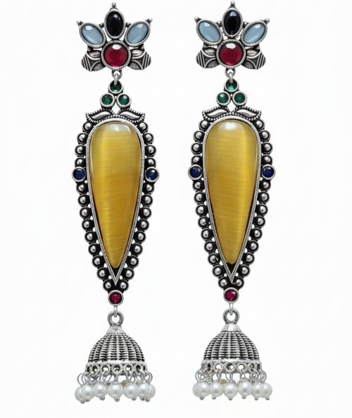 Adhira Embellished Oxidised Jhumka Statement Earrings