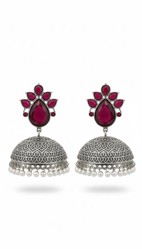Adhitri Embellished Oxidised Jhumka Statement Earrings