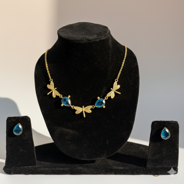 Golden Dragonfly Blue stone Necklace Set