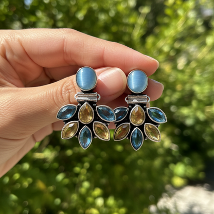 Clover Stone Embellished Oxidised Statement Earrings