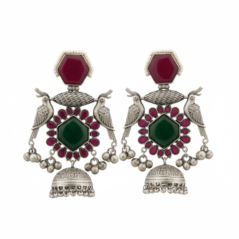 Kiara Embellished Oxidised Jhumka Statement Earrings