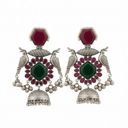 Kiara Embellished Oxidised Jhumka Statement Earrings