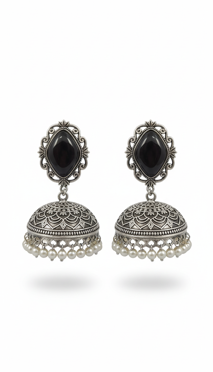 Prerna Embellished Oxidised Jhumka Statement Earrings