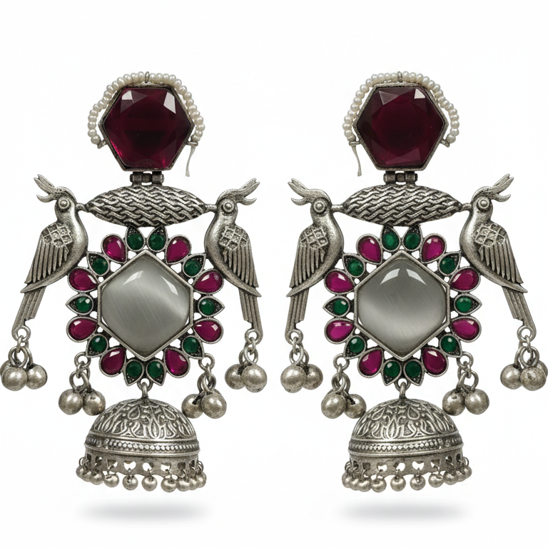 Kiara Embellished Oxidised Jhumka Statement Earrings