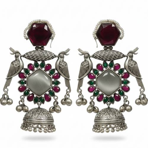 Kiara Embellished Oxidised Jhumka Statement Earrings