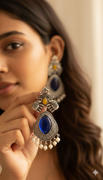 Gaja Gamini Embellished Oxidised Jhumka Statement Earrings