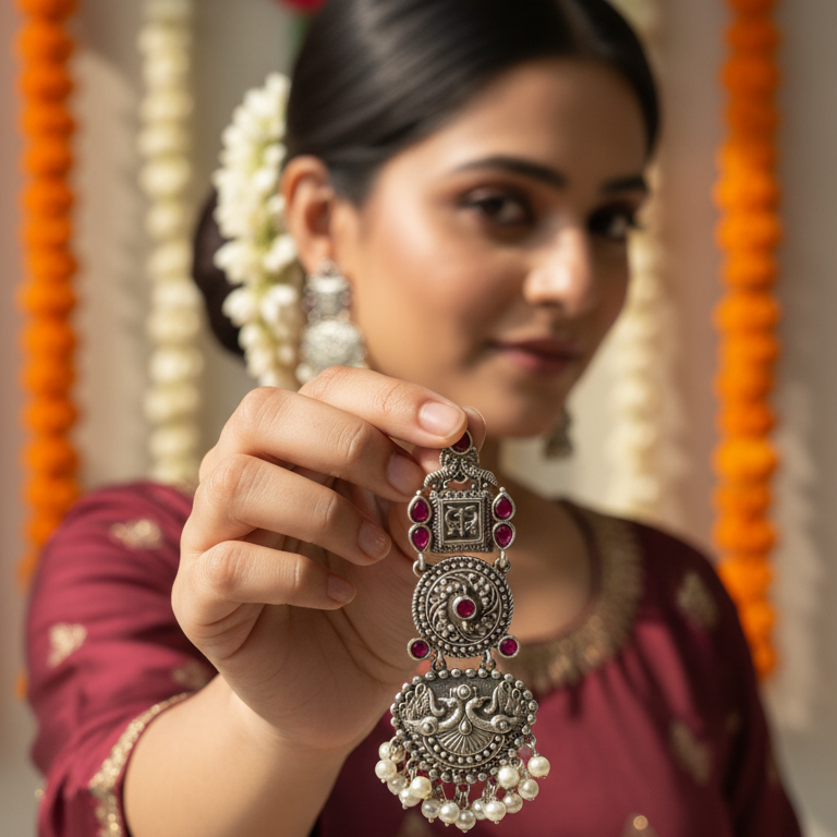 Aparna Embellished Oxidised Beautiful Jhumka Statement Earrings