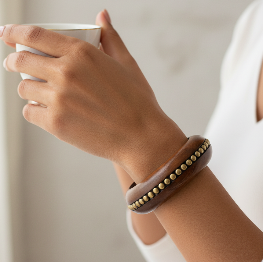 Centred Brass Stud Dhruv Handmade Wooden Bangle