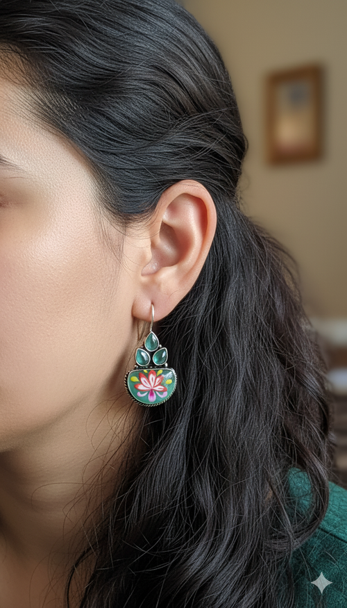 Sanjeeda Handpainted  Embellished Oxidised Jhumka Statement Earrings