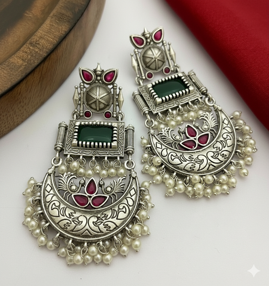 Sagarika Embellished Oxidised Jhumka Statement Earrings