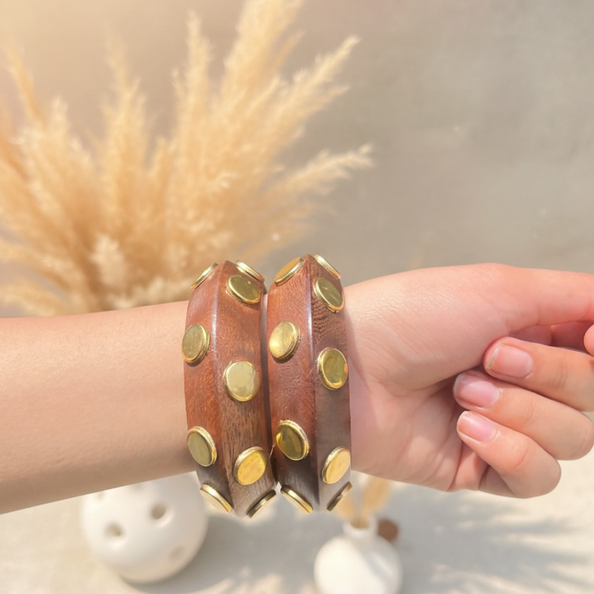 Golden Dot Statement Wooden Bangle