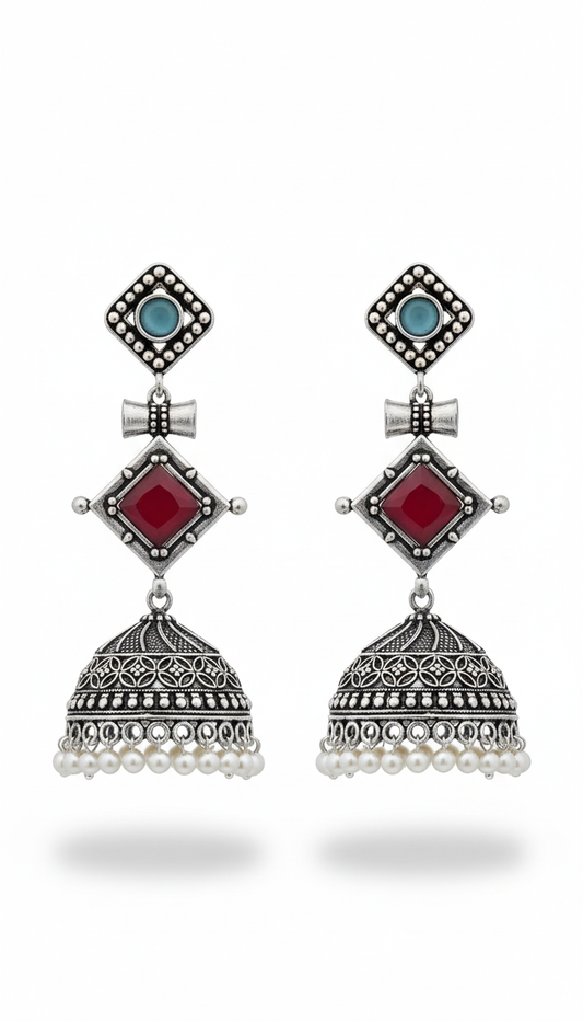 Ruchi Embellished Oxidised Jhumka Statement Earrings