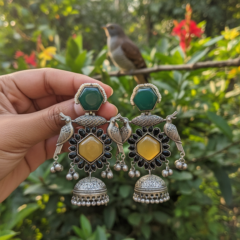 Kiara Embellished Oxidised Jhumka Statement Earrings