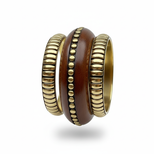 Ribbed Brass & Wooden Bangle Stack - The Maya Set