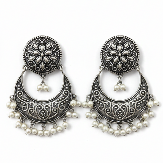 Jiya Embellished Oxidised Jhumka Statement Earrings