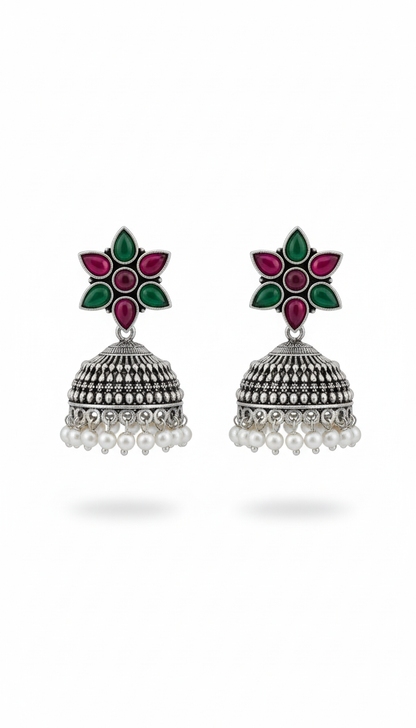 Sargam Embellished Oxidised Jhumka Statement Earrings