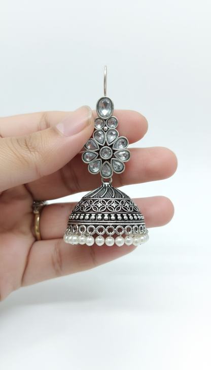 Juhi Embellished Oxidised Jhumka Statement Earrings