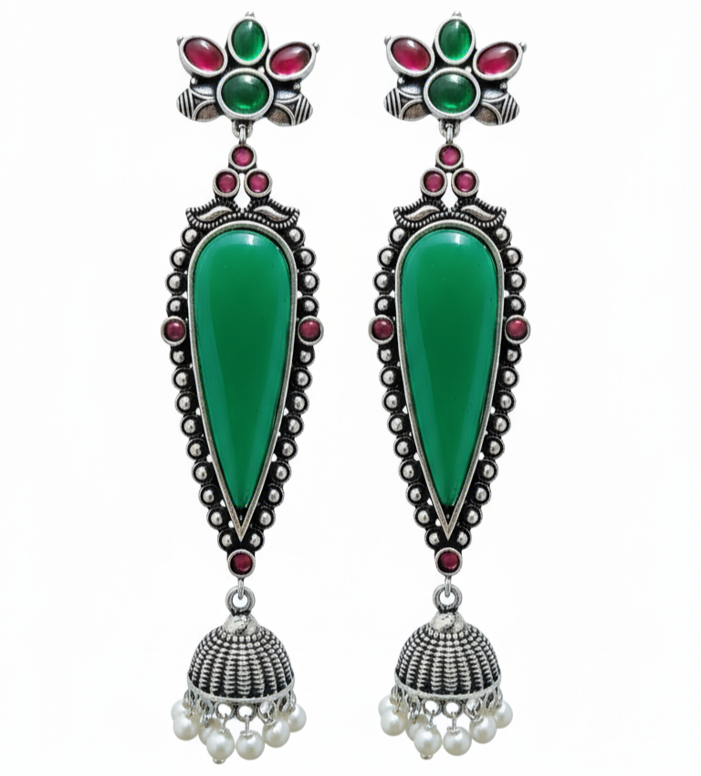 Adhira Embellished Oxidised Jhumka Statement Earrings