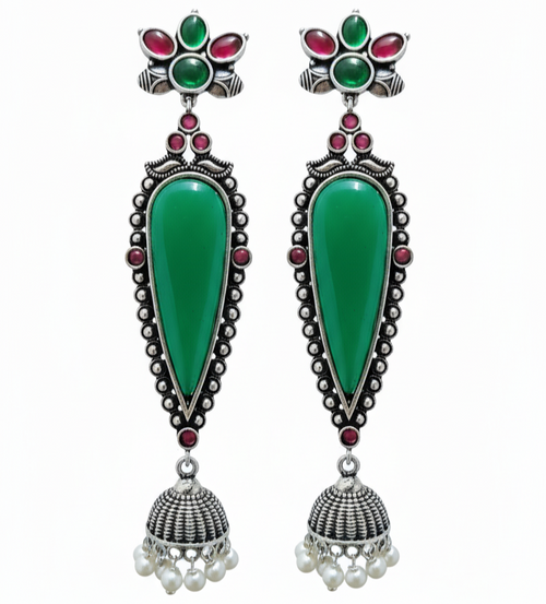 Adhira Embellished Oxidised Jhumka Statement Earrings