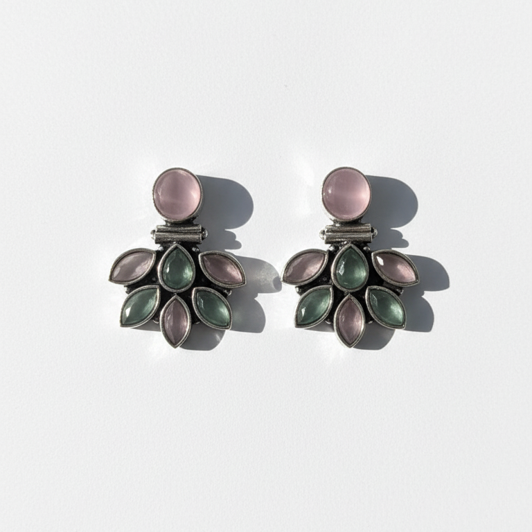 Clover Stone Embellished Oxidised Statement Earrings