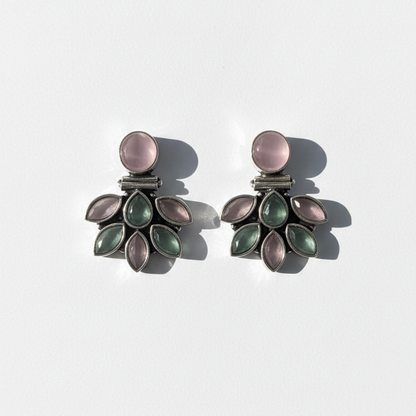 Clover Stone Embellished Oxidised Statement Earrings