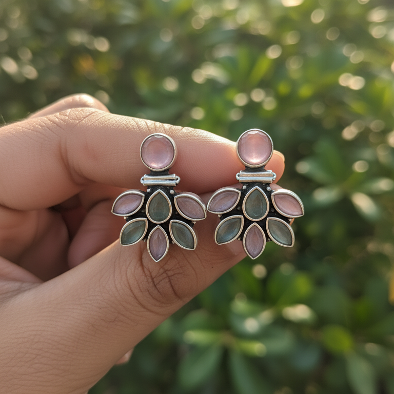 Clover Stone Embellished Oxidised Statement Earrings