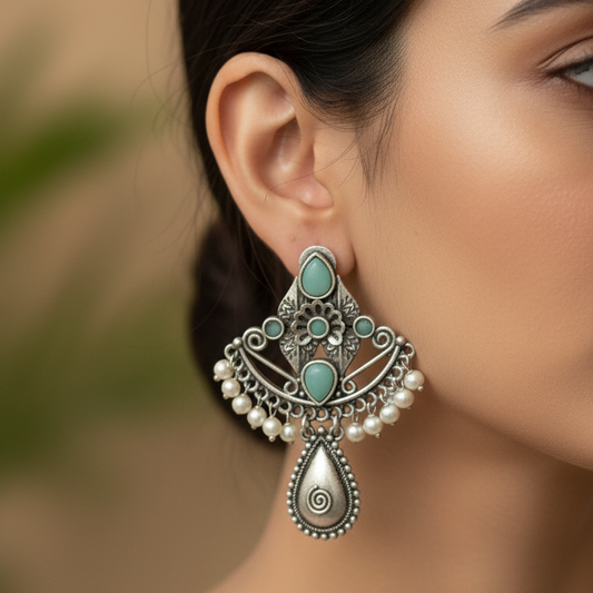 Meeraj Embellished Oxidised Jhumka Statement Earrings