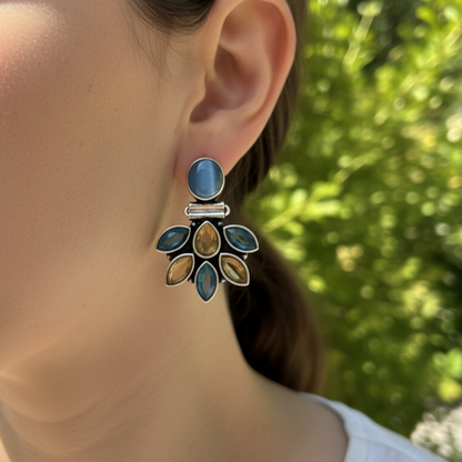 Clover Stone Embellished Oxidised Statement Earrings