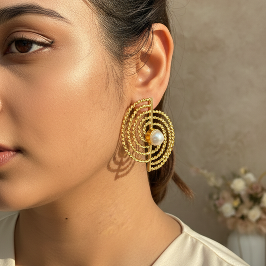 Golden Spiral Pearl Brass Statement Earrings