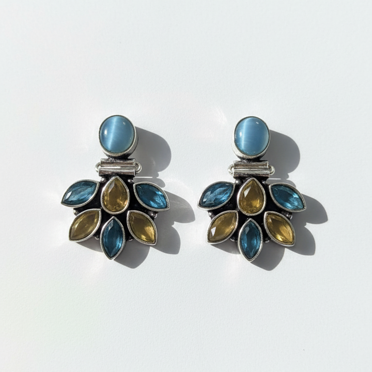 Clover Stone Embellished Oxidised Statement Earrings