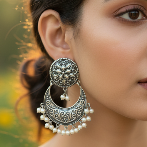 Jiya Embellished Oxidised Jhumka Statement Earrings