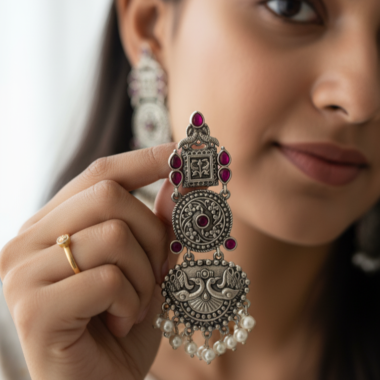Aparna Embellished Oxidised Beautiful Jhumka Statement Earrings