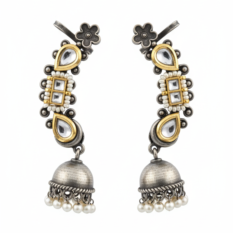 Antique Gunmayi Pacchi Kundan Oxidised Earcuff Jhumki