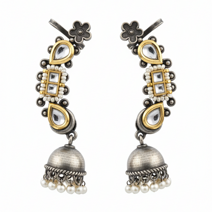 Antique Gunmayi Pacchi Kundan Oxidised Earcuff Jhumki