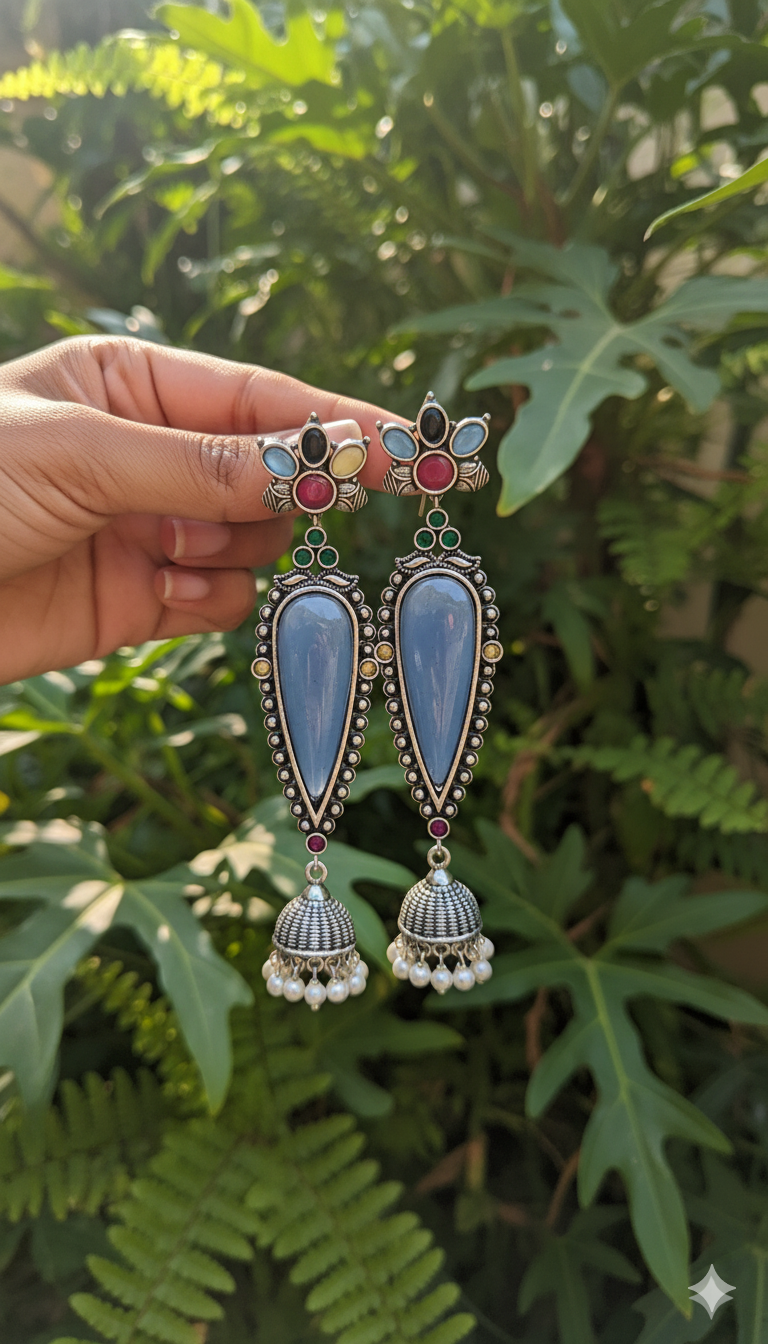 Adhira Embellished Oxidised Jhumka Statement Earrings