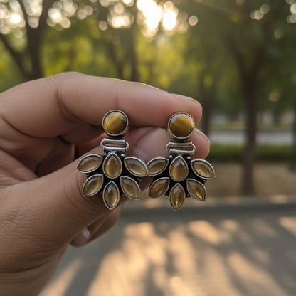 Clover Stone Embellished Oxidised Statement Earrings