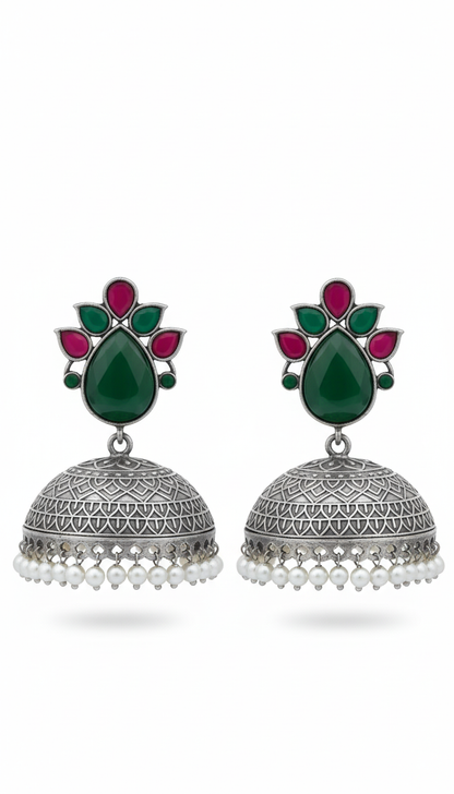 Adhitri Embellished Oxidised Jhumka Statement Earrings